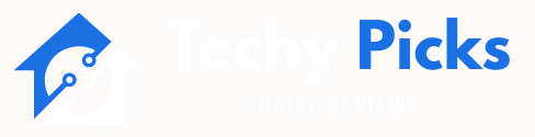 TechyPicks logo featuring a blue and white smart-home icon with circuit elements