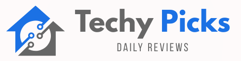 TechyPicks logo featuring a blue and white smart-home icon with circuit elements