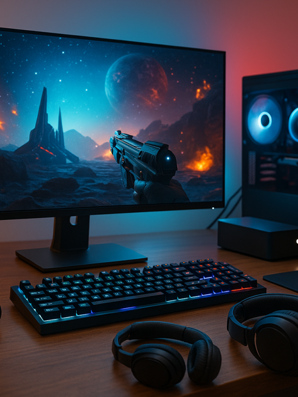 Gaming Setup with RGB Keyboard, Headset, Console Controller and High-Performance PC Modern gaming desk setup with RGB mechanical keyboard, gaming PC, controller and headphones in colorful ambient lighting