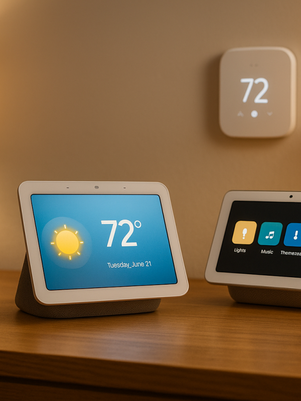 Smart Home Assistants and Voice-Control Devices on Modern Desk Collection of smart home assistants and voice-controlled devices including smart displays, speakers, and a thermostat in a cozy modern living room