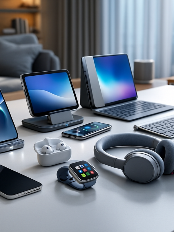 Modern Mobile and Tech Accessories on Minimal Workspace Collection of mobile and tech accessories including smartphones, wireless earbuds, smartwatch, headphones, chargers, and docking stands on a clean desk.