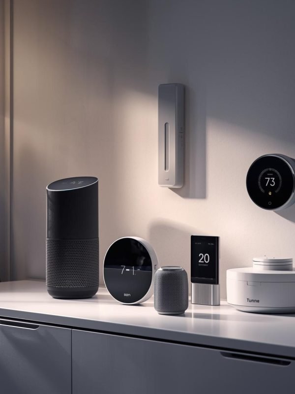 Smart Home Devices Including Smart Display, Security Cameras, and Thermostat Collection of smart home devices such as a smart display, smart speaker, video doorbell, indoor camera, and thermostat arranged on a wooden table in a modern living room