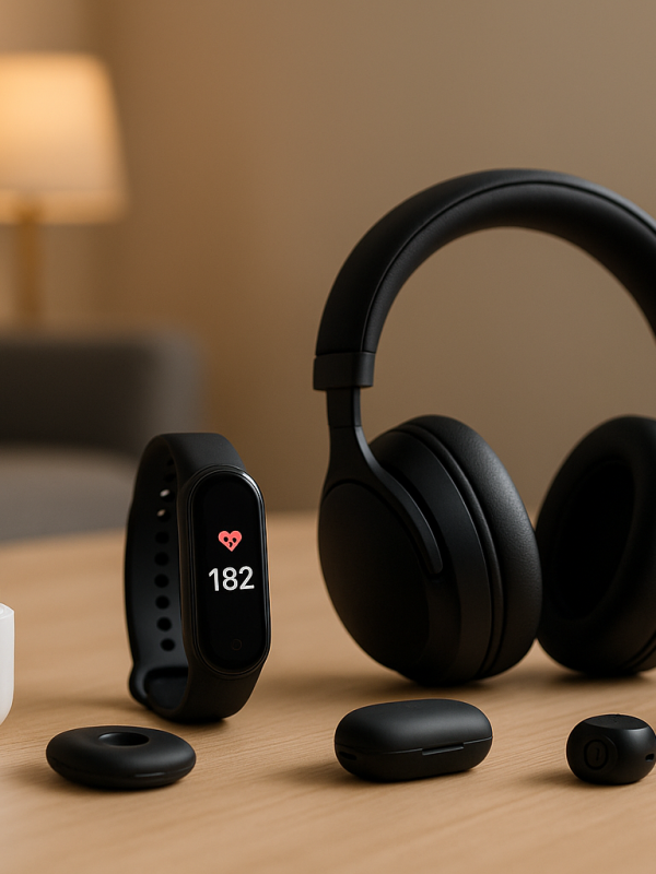 Wearable Tech Devices Including Smartwatch, Fitness Tracker, Earbuds and Headphones Collection of wearable tech devices such as wireless earbuds, fitness tracker, smartwatch, and noise-canceling headphones arranged on a wooden table.